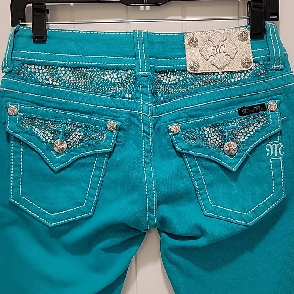 Miss Me Teal Skinny Low Rise Jeans Size 26 - Picture 5 of 11